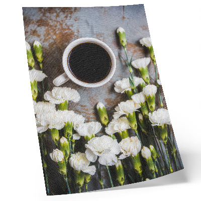 Poster rezistent pentru perete O ceașcă de cafea și flori de garoafă albă