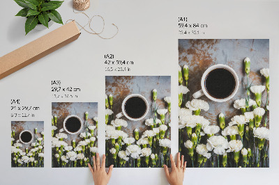 Poster rezistent pentru perete O ceașcă de cafea și flori de garoafă albă