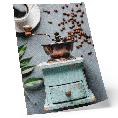 Grafică modernă pe pânză Râșniță de cafea turcoaz veche, boabe de cafea, frunze verzi