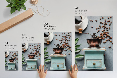 Grafică modernă pe pânză Râșniță de cafea turcoaz veche, boabe de cafea, frunze verzi