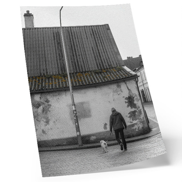 Poster rezistent pentru perete O persoană cu un câine în fața unei clădiri vechi