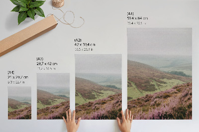Poster în culori saturate Purpuriu heather ceață verde dealuri blânde