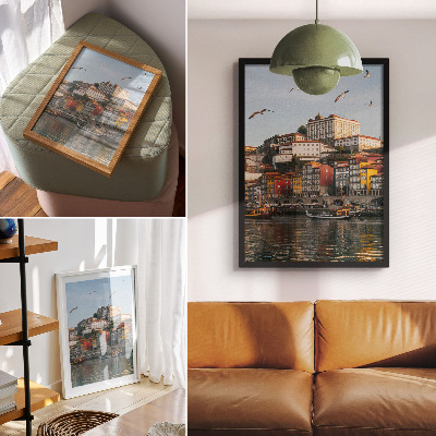 Grafică modernă pe pânză Case de apartamente colorate, nave elegante, pescăruși