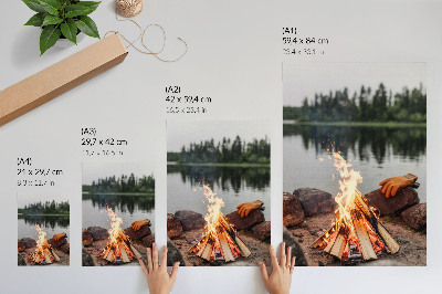 Grafică modernă pe pânză Foc de tabără lac pădure pietre recreere natură