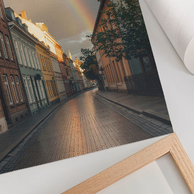 Poster în culori saturate Case de locuit colorate, curcubeu, cer înnorat