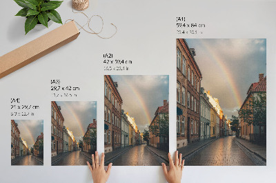 Poster în culori saturate Case de locuit colorate, curcubeu, cer înnorat