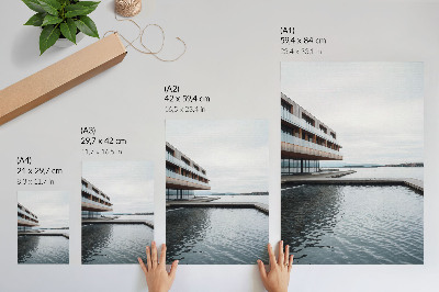 Grafică modernă pe pânză Clădire modernă lângă apă, minimalism, lemn, sticlă