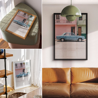 Grafică modernă pe pânză Mașini clasice, clădiri pastelate, farmec retro