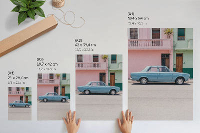 Grafică modernă pe pânză Mașini clasice, clădiri pastelate, farmec retro