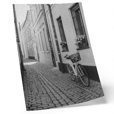 Grafică modernă pe pânză Stradă, case de locuit, flori, bicicletă, alb-negru