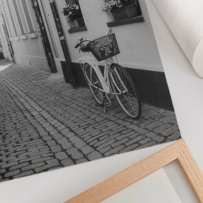 Grafică modernă pe pânză Stradă, case de locuit, flori, bicicletă, alb-negru
