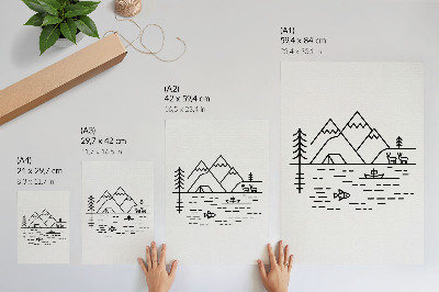 Poster rezistent pentru perete Linie minimalistă munți lac animale