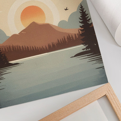 Poster în culori saturate Peisaj lac munte apus de soare copaci turcoaz bej