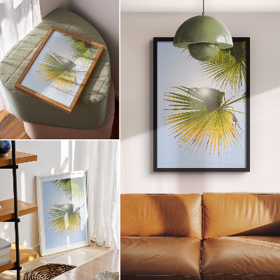 Grafică modernă pe pânză frunze de palmier fundal albastru lumina soarelui