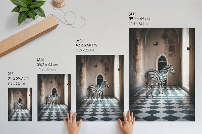 Poster în culori saturate Zebră pe fundalul arhitecturii cu păsări în zbor
