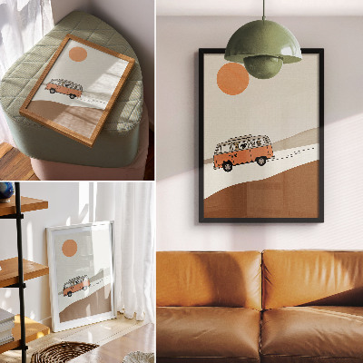 Grafică modernă pe pânză Vacanță minimalistă cu rulotă portocalie