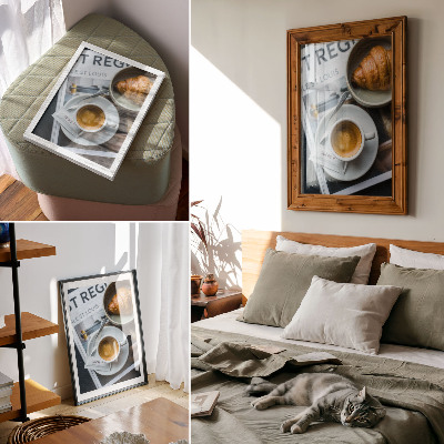 Poster în culori saturate Cafea croissant eleganță relaxare fundal alb-negru