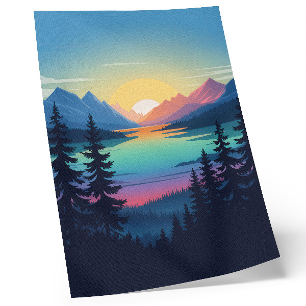 Grafică modernă pe pânză Munți colorați cu apus de soare și lac