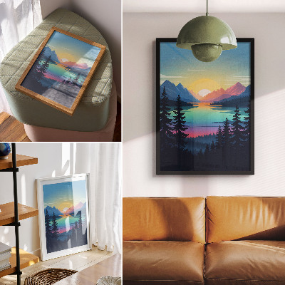 Grafică modernă pe pânză Munți colorați cu apus de soare și lac