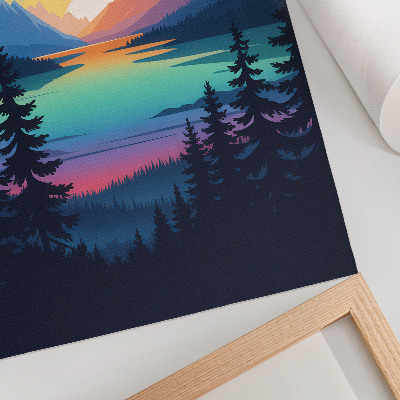 Grafică modernă pe pânză Munți colorați cu apus de soare și lac