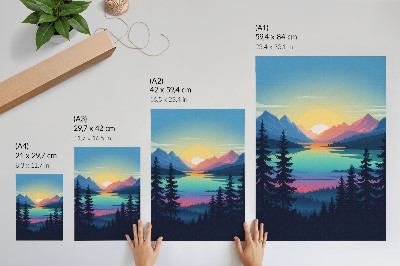 Grafică modernă pe pânză Munți colorați cu apus de soare și lac