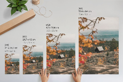 Poster rezistent pentru perete O casă pe o stâncă printre copaci în toamnă, natură liniștită