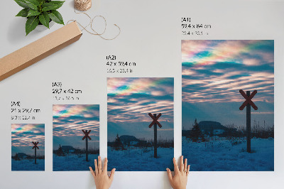 Poster în culori saturate Peisaj atmosferic de iarnă, nori colorați, semn singuratic