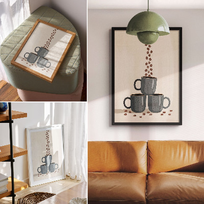 Poster rezistent pentru perete Căni gri și un fundal crem cu boabe de cafea