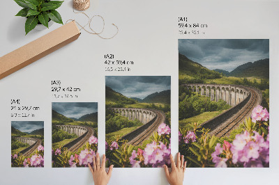 Grafică modernă pe pânză Viaduct de piatră dealuri verzi flori pastelate