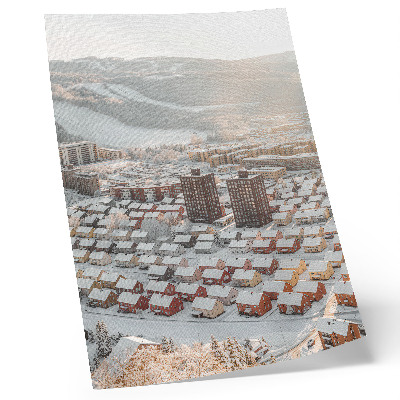 Poster rezistent pentru perete Peisaj de iarnă cu case acoperite de zăpadă