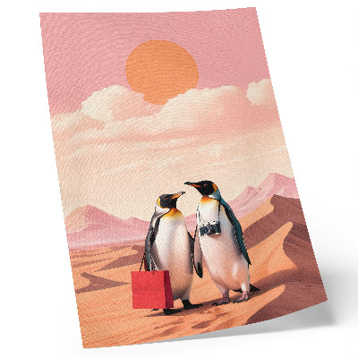 Grafică modernă pe pânză Pinguini în deșert, peisaj suprarealist