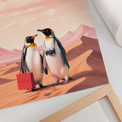 Grafică modernă pe pânză Pinguini în deșert, peisaj suprarealist