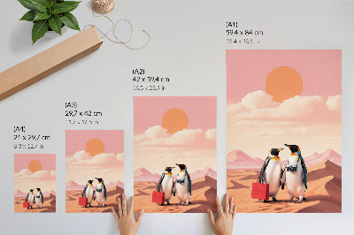Grafică modernă pe pânză Pinguini în deșert, peisaj suprarealist