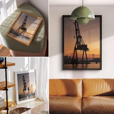 Poster rezistent pentru perete Siluetă de macara industrială apus de soare pod