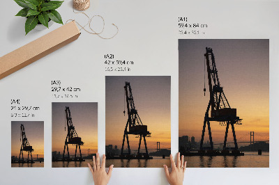Poster rezistent pentru perete Siluetă de macara industrială apus de soare pod
