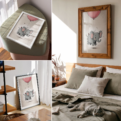 Poster rezistent pentru perete Elefant cu balon roz vesel pentru copii