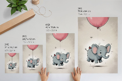 Poster rezistent pentru perete Elefant cu balon roz vesel pentru copii