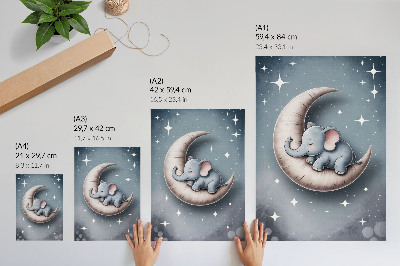 Poster în culori saturate Elefant adormit pe Lună în culori pastelate