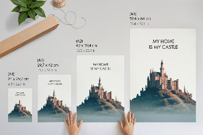 Grafică modernă pe pânză Castel pe un deal cu ceață și text