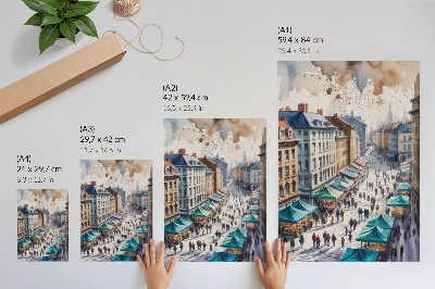 Poster rezistent pentru perete Scenă urbană colorată, oameni, tarabe, acuarelă