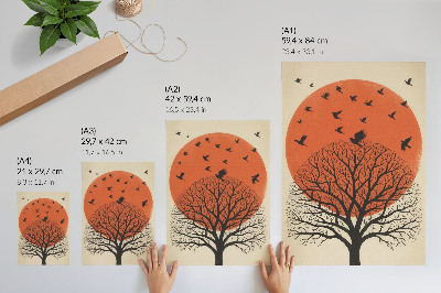 Grafică modernă pe pânză Stil minimalist cu motiv de soare și copaci cu păsări
