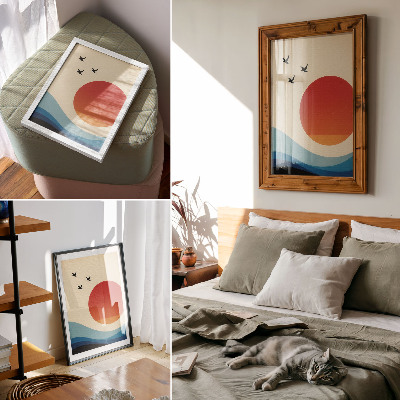 Grafică modernă pe pânză Soare mare abstract albastru valuri păsări