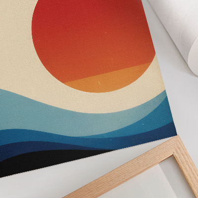Grafică modernă pe pânză Soare mare abstract albastru valuri păsări