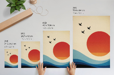 Grafică modernă pe pânză Soare mare abstract albastru valuri păsări