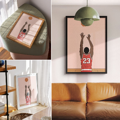 Grafică modernă pe pânză Jucător de baschet roz pastel cu o minge în zbor