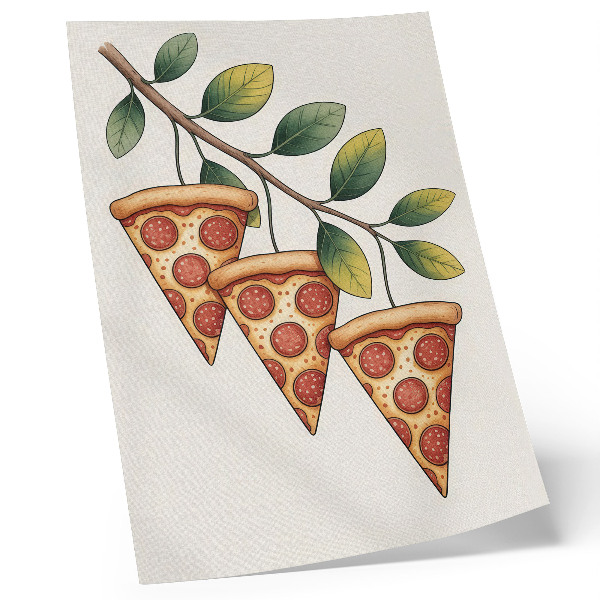 Poster în culori saturate Felii de pizza pe o creangă de copac în culori vesele