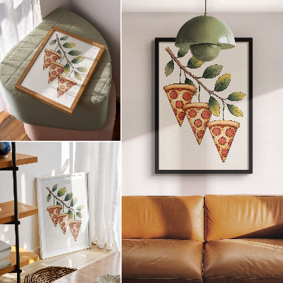 Poster în culori saturate Felii de pizza pe o creangă de copac în culori vesele