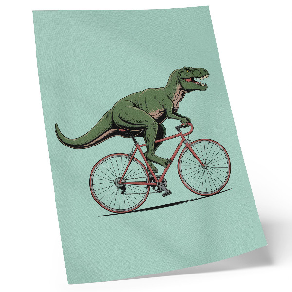 Grafică modernă pe pânză Dinozaur verde pe o bicicletă pe un fundal turcoaz