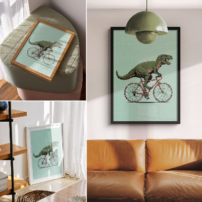 Grafică modernă pe pânză Dinozaur verde pe o bicicletă pe un fundal turcoaz
