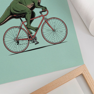 Grafică modernă pe pânză Dinozaur verde pe o bicicletă pe un fundal turcoaz